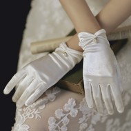 👗Korte vintageinspireret hvide satin handsker med perler, hvid👗