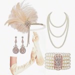 1920´er Gatsby/Charleston accessories/tilbehørssæt, creme - deluxe - 5 dele