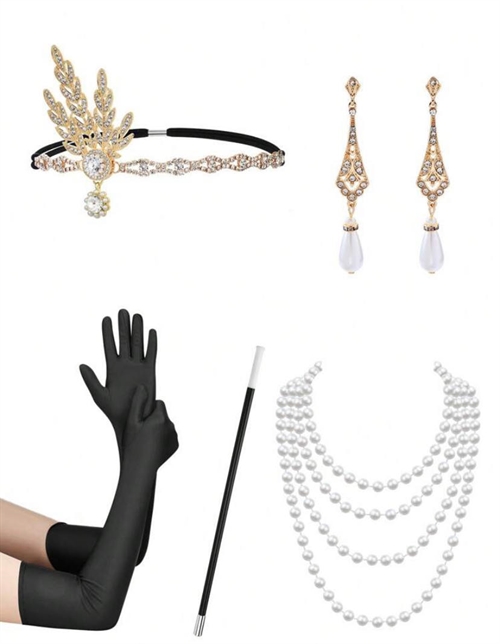 1920´er Gatsby/Charleston accessories/tilbehørssæt, guld/sort - deluxe