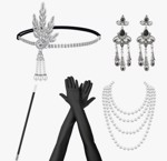 1920´er Gatsby/Charleston accessories/tilbehørssæt, sølv/sort - deluxe