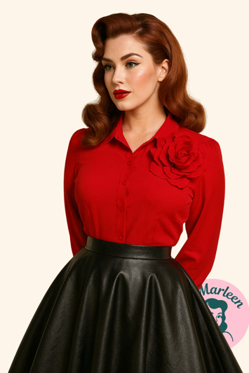 Skjortebluse, Lisbeth - rød med stor blomst 