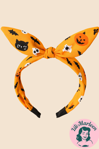 Halloween Hårbøjle – Orange med Græskar, Katte og Spøgelser