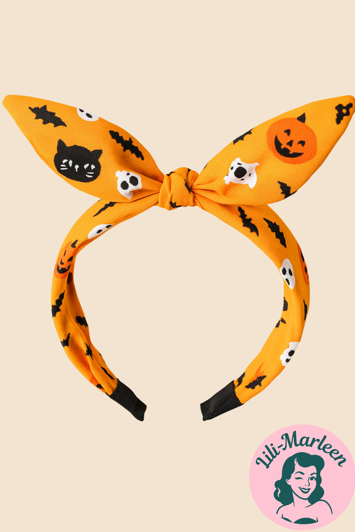 Halloween Hårbøjle – Orange med Græskar, Katte og Spøgelser