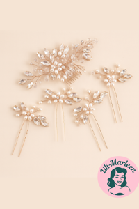 Hårkam og hårnåle: Smuk hårkam med 4 store hårnåle med perler og sten, rødguld