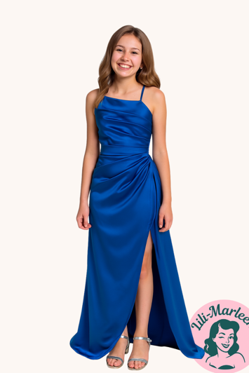 Ungdoms fest/galla-kjole; Miss Sille, kongeblå satin kjole