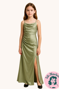 Ungdoms fest/galla-kjole; Little Natalia, sommergrøn satin kjole