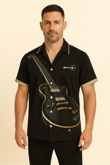 Rock’n’Roll Rebel – Kortærmet Skjorte med Guitarprint
