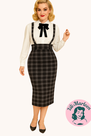 Miss Alba – Ternet Pencilnederdel med Aftagelige Seler i sort med hvide tern 