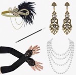 1920´er Gatsby/Charleston accessories/tilbehørssæt, guld/sort - deluxe