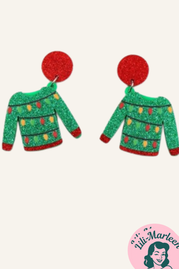 Juleøreringe; julestrik/sweater - grøn