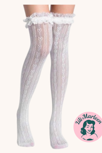 Knæsokker - hvide net/blondestrømper med flæser (hjerter)