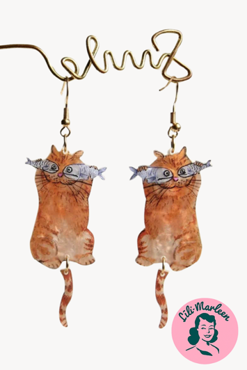 Fishy Cats – Legesyge katteøreringe med dinglende hale og fisk på snuden