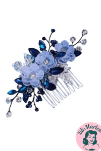 Hårkam: Smuk hårkam blå/mørk blå med blomster & sten, sølv kam