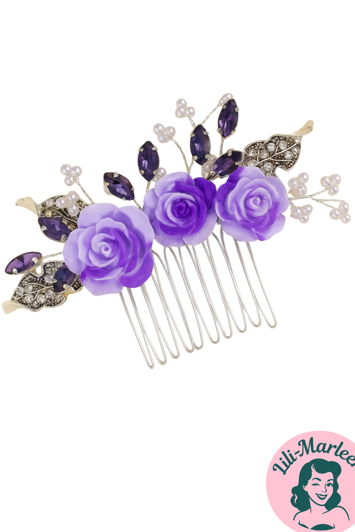 Hårkam med Lilla Roser & Krystalblade – Romantisk Elegance til Dit Look
