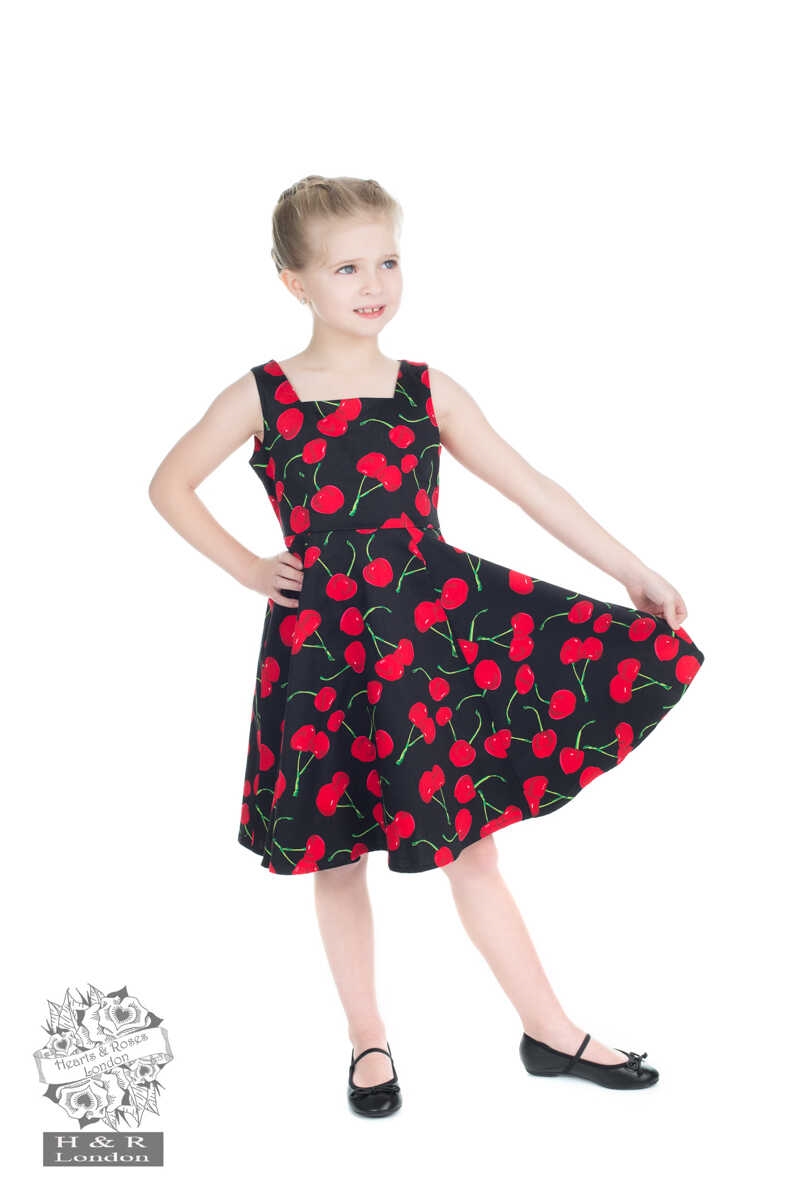 Børne kjole; Mini Lily: A-kjole i sort med røde kirsebær