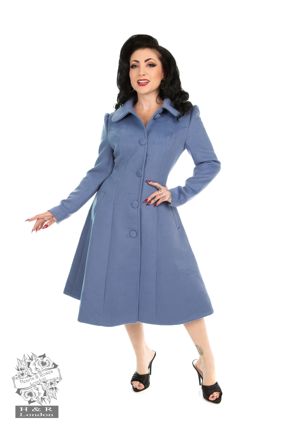 Frakke: Esme - skøn vintageinspireret frakke i lyseblå med krave