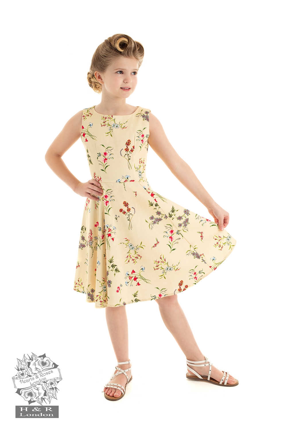 Børne swing kjole, Bridget - sød 50ér kjole til piger i creme med blomsterflor