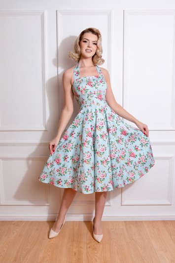50ér kjole/swingkjole - Heidi Floral Swing Dress - skøn kjole i lyseblå med roser