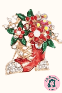 Jule broche - julestøvle med blomster og glitrende sten