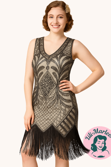 1920´er festkjole - Miss Ruby, creme/sort/guld