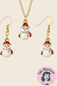 Julesmykkesæt: snemænd - sød halskæde og øreringe med snemænd med rødt tørklæde