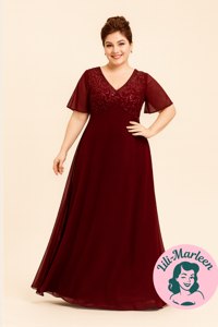 Lang gallakjole - Anna Sophie, vinrød - Skøn lang gallakjole/festkjole med et lille ærme