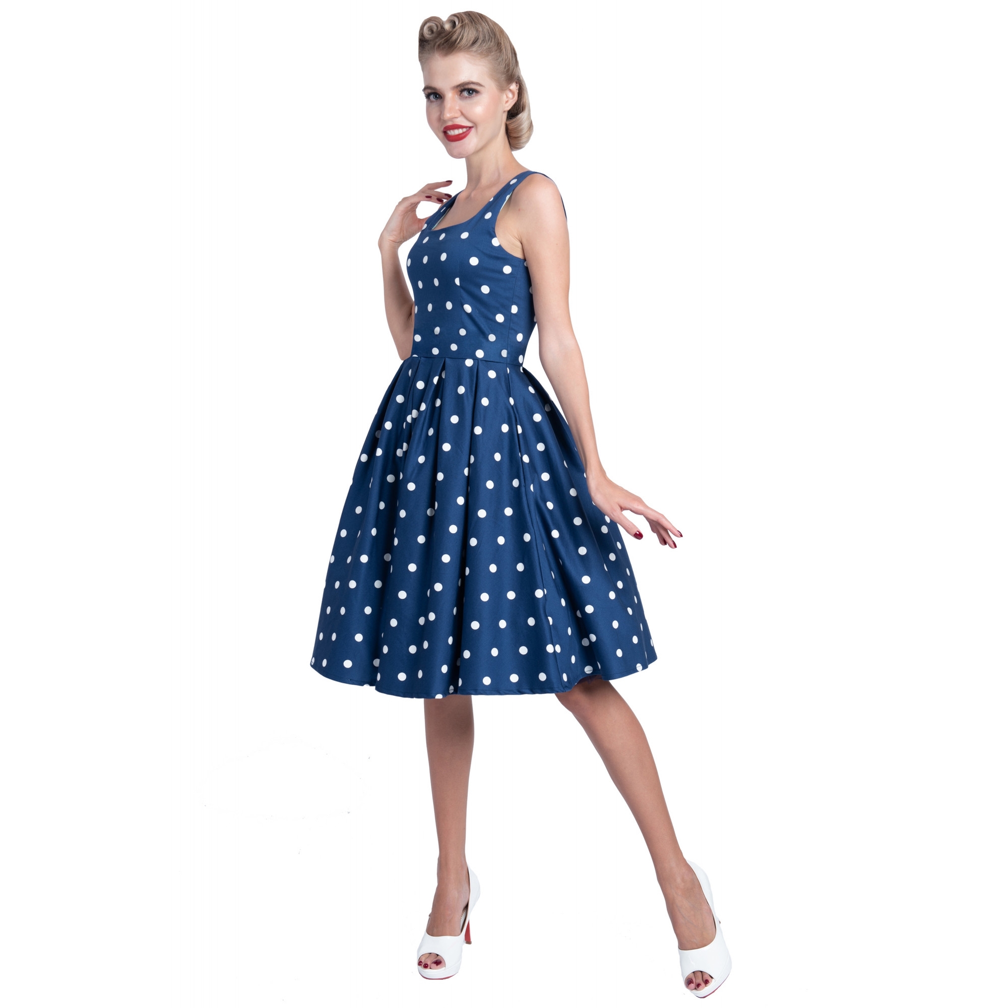 50´er kjole: Amanda - sød kjole mørk blå hvide bomber