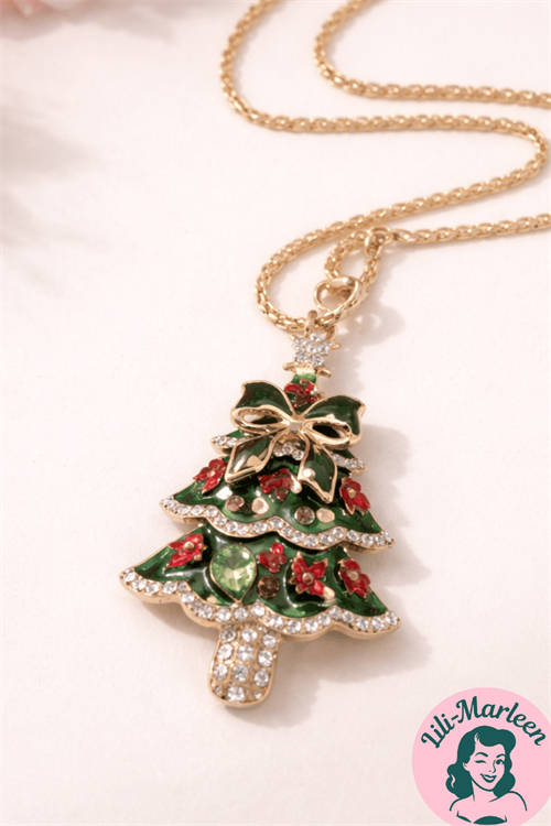 Halskæde – Juletræ med sløjfe og funklende sten – En klassisk julefavorit med glimt
