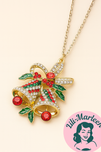 Halskæde med juleklokker (rød/grøn/hvid), guld glitrende sten