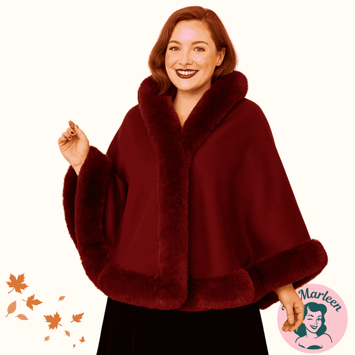 Cape – Miss Scarlet – Vinrød faux fur cape med luksuriøs kant