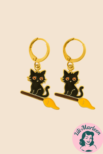 Halloween Øreringe – Sort Kat på Kost