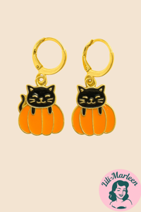 Halloween Øreringe – Sort Kat i Græskar 