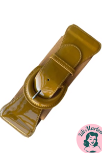 Bredt elastisk lakbælte, mørk karrygul