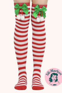 Knæsokker - juleknæstrømper - rød/hvid med grøn sløjfe og hvide kvaster