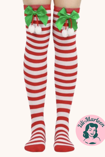 Knæsokker - juleknæstrømper - rød/hvid med grøn sløjfe og hvide kvaster