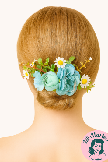 Vintage Hårkam med Blå Blomster og Margueritter Frisk og Romantisk Hårpynt