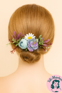 Vintage Hårkam med Blå og Lilla Blomster – Romantisk Hårpynt til Bryllup og Fest