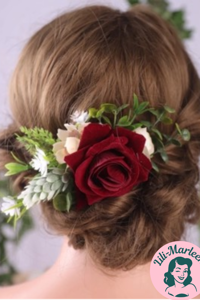 Hårkam med stor rød rose/creme bonderose - deluxe