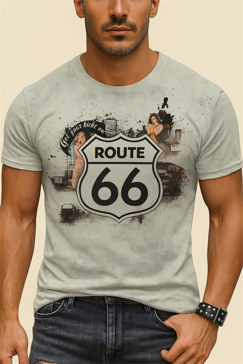 Kickstart Route 66 – Lys vintage T-shirt med pinup og roadtrip vibes