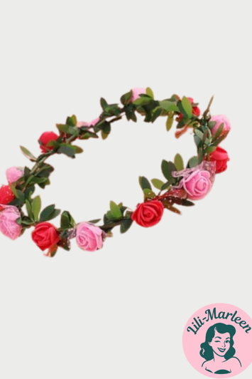 Blomsterkrans med roser, lyserød og rød