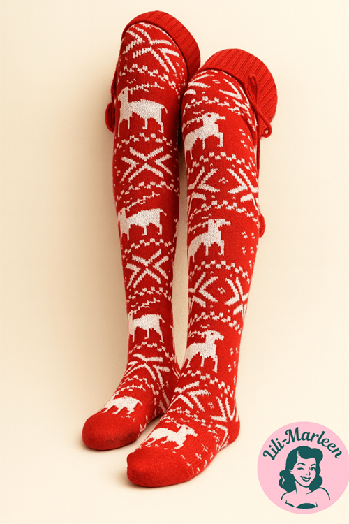 Knæsokker/hyggesokker - røde lune strik-knæsokker med snefnug