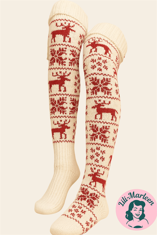 Knæsokker/hyggesokker - røde lune strik-knæsokker med snefnug