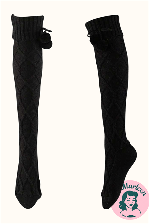 Knæsokker – Sorte Hyggesokker i Tyk Strik med Kvaster – Klassiske, varme og lidt frække