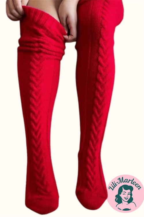Knæsokker/hyggesokker - Lange - Lun røde knæsokker i tyk strik