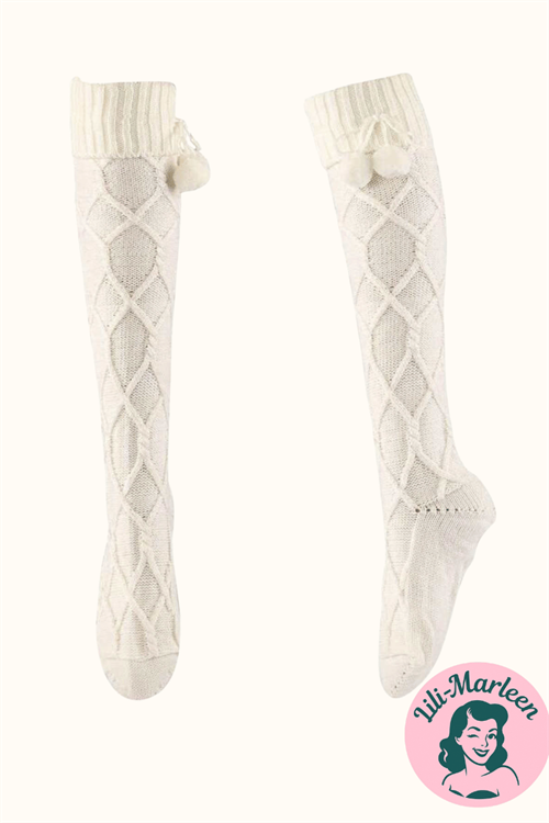 Knæsokker – Cremefarvede Hyggesokker i Tyk Strik med Kvaster – Feminine, varme og vinterklar