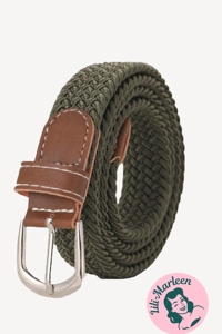 Elastisk Børnebælte i Armygrøn med Læderdetaljer