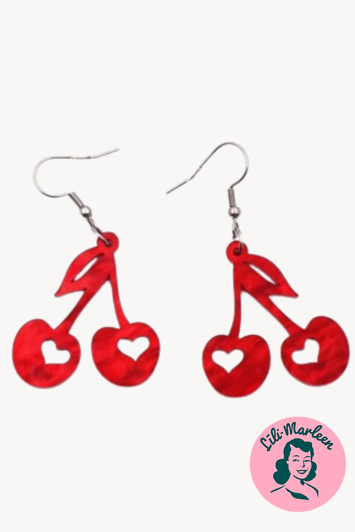 Øreringe - hængeøreringe med kirsebær og hjerte, mørkerød