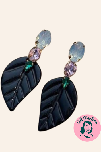 Øreringe - store hængeøreringe med sort blad med ivory/lyserød/grønne sten