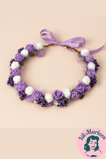 Blomsterkrans med små roser og tyl, lilla/hvid