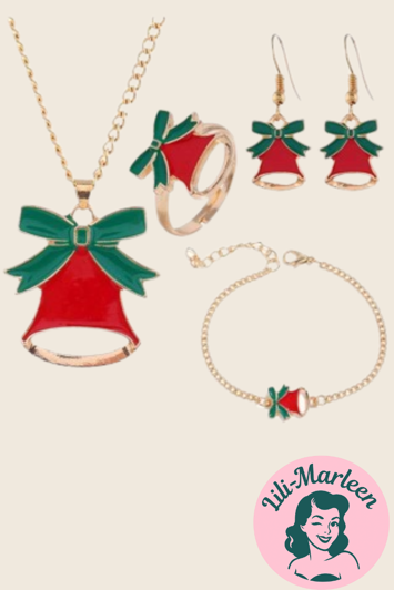 Julesmykkesæt: Halskæde, øreringe, armbånd og ringe med røde klokker